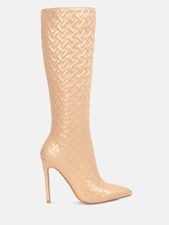 Tinkles Embossed High Heeled Calf Boots - Beige