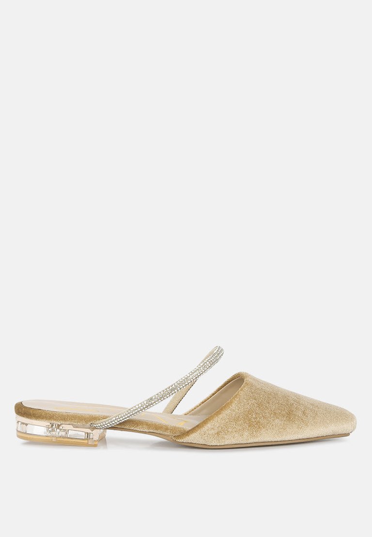 Turnon Velvet Diamante Detail Flat Mules - Latte