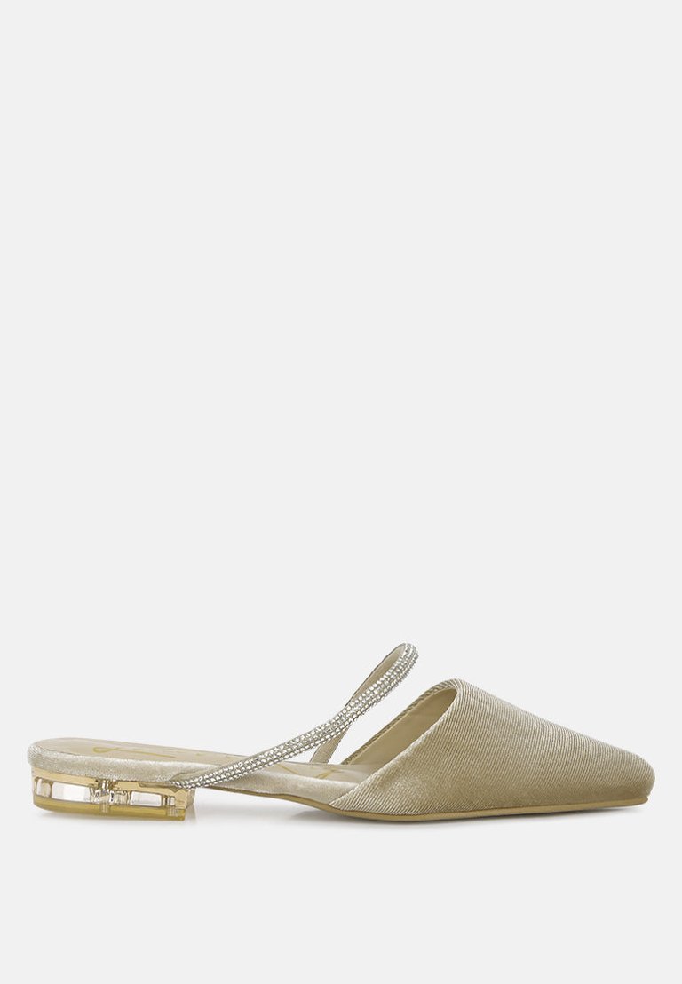 Turnon Velvet Diamante Detail Flat Mules - Khaki