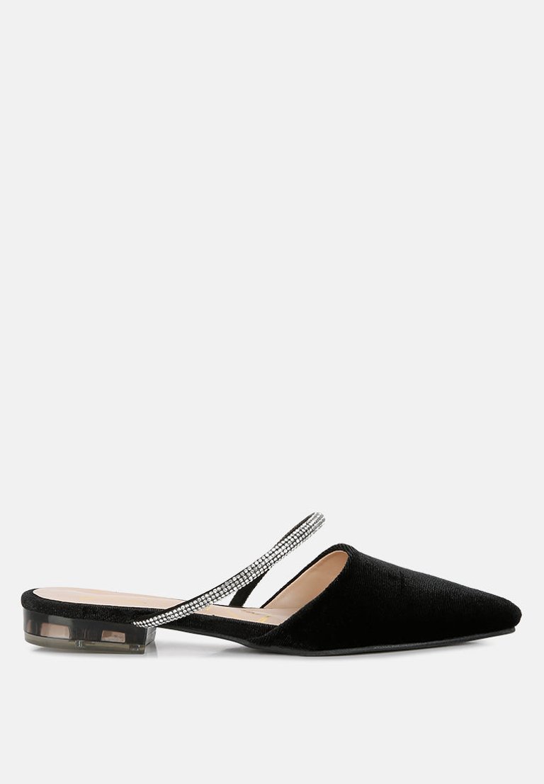 Turnon Velvet Diamante Detail Flat Mules - Black