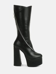 Tzar Faux Leather High Heeled Platfrom Calf Boots - Black