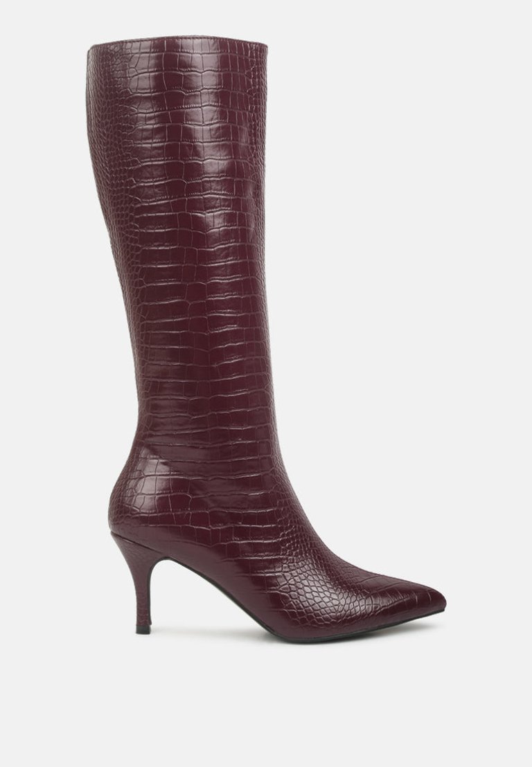 Uptown Pointed Mid Heel Calf Boots - Burgundy