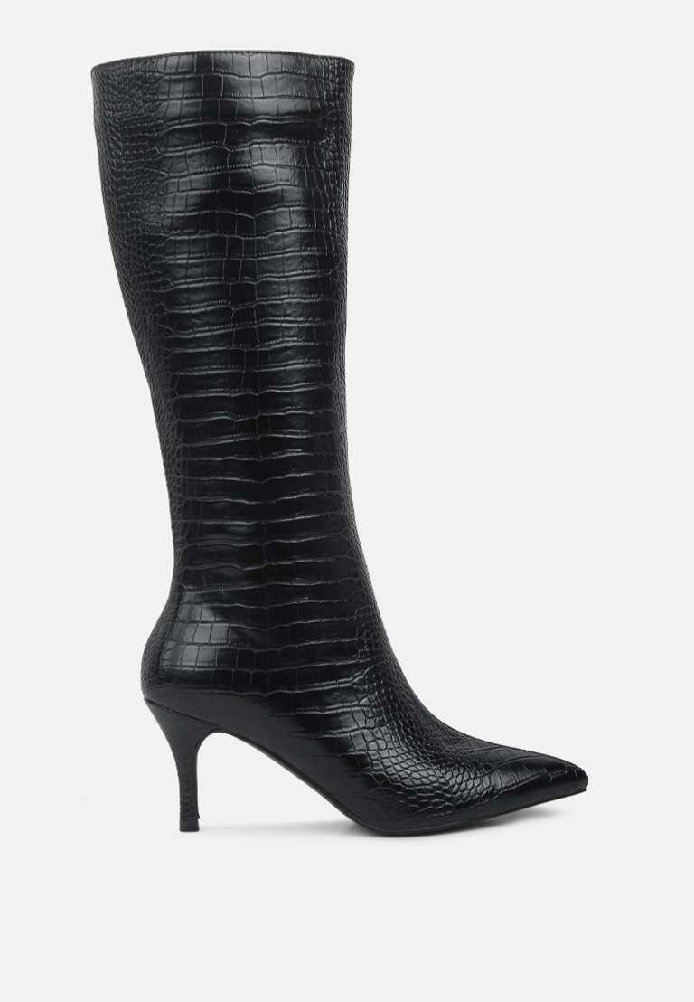 Uptown Pointed Mid Heel Calf Boots - Black