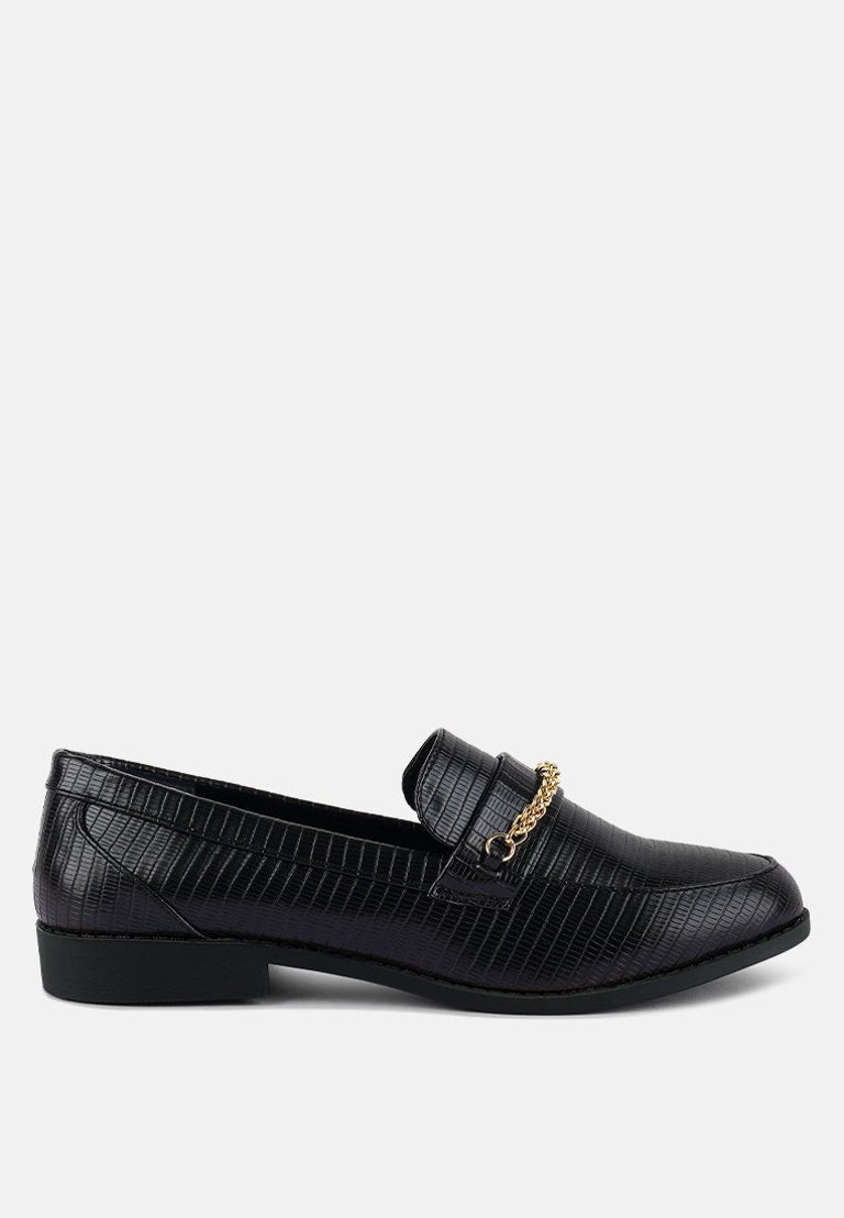 Vouse Low Block Loafers Adorned With Golden Chain - Black