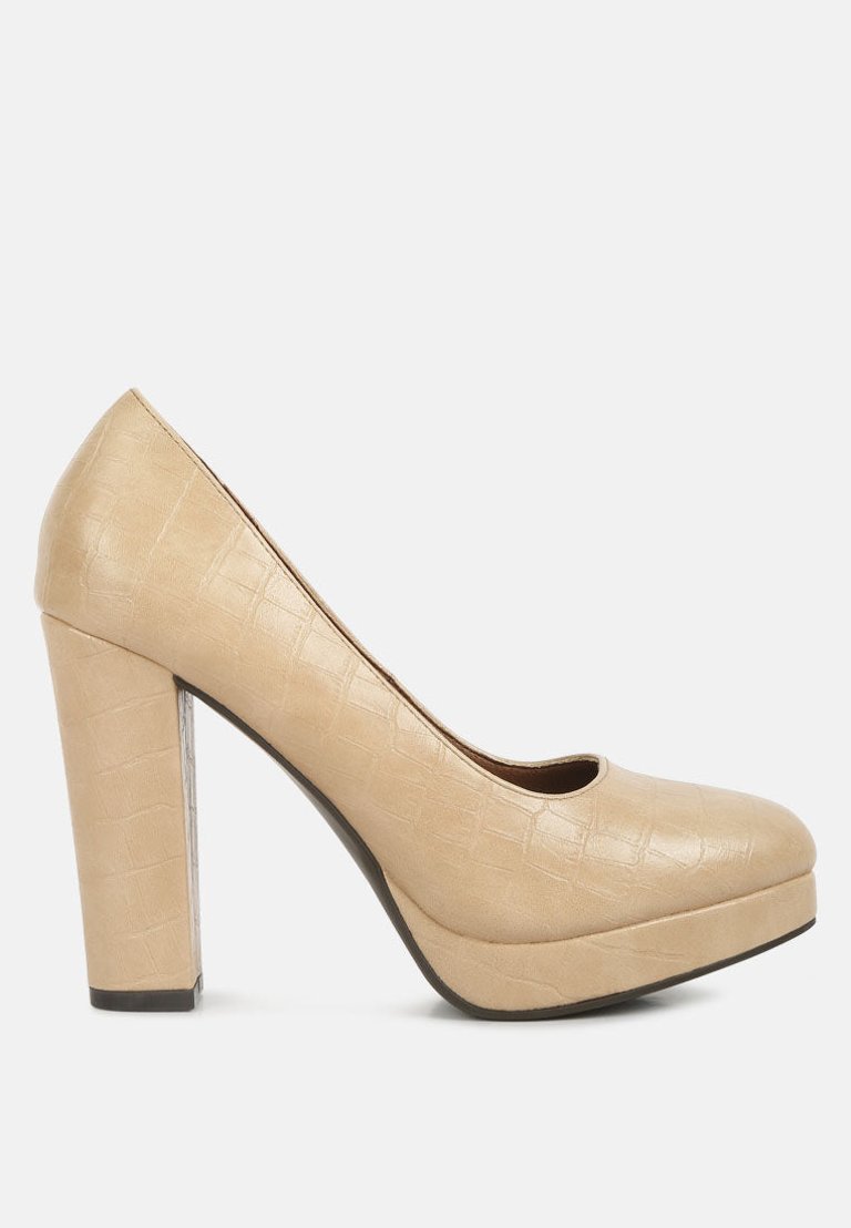 Whitley Croc Texture High Block Heel Pumps - Beige