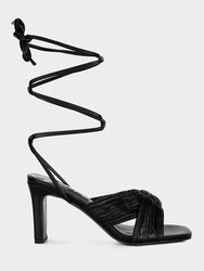 Xuxa Metallic Tie up Italian Block Heel Sandals - Black