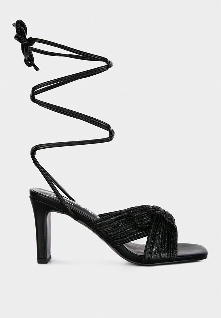 Xuxa Metallic Tie up Italian Block Heel Sandals - Black