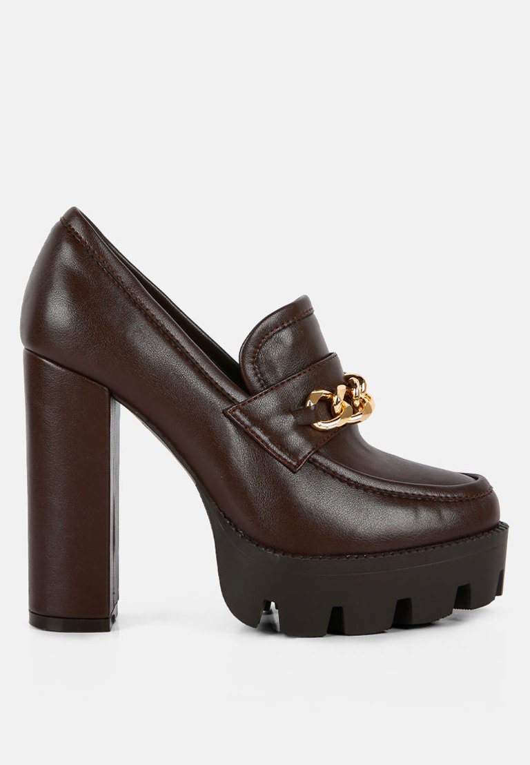 Y2K Chunky High Block Heeled Loafers - Brown