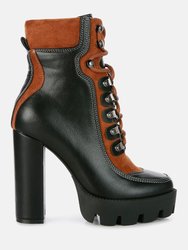Yeti High Heel Lace Up Biker Boots - Black/Tan