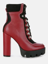 Yeti High Heel Lace Up Biker Boots - Burgundy/Black