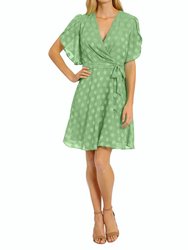 Caillan Pleated Surplice Dress - Absinthe Green Polka Dot