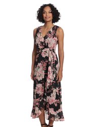 Floral Ruffled Chiffon Maxi Dress - Black/Blush