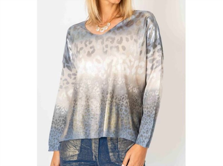 Shimmer V Neck Cheetah Print Sweater - Blue