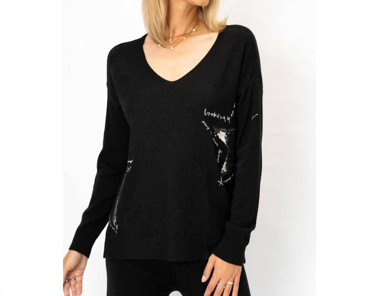 Sweater With Silver Sequin Stars - Black