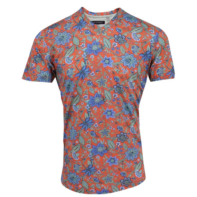 Maze Floral Canvas V-Neck Tee - Coral - Coral