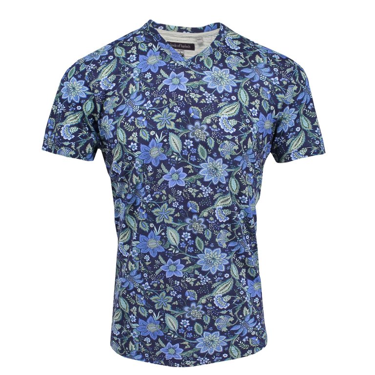 Maze Floral Canvas V-Neck Tee - Navy - Navy