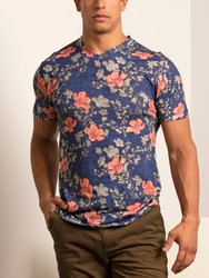 Maze Oriental Hibiscus V-Neck Tee - Navy - Navy