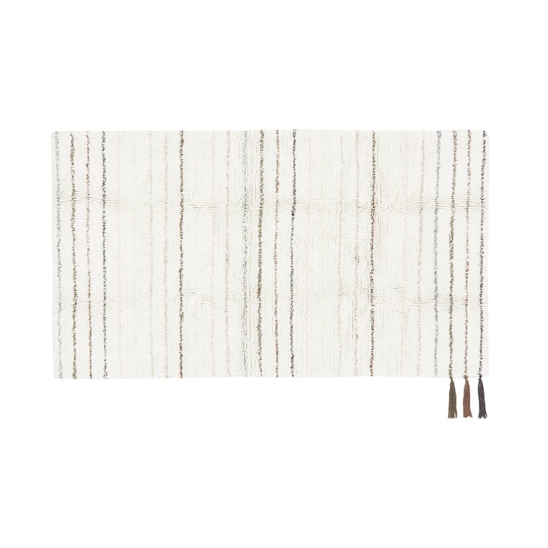 Woolable rug Arona - 4' 7" x 2' 7" - Sheep White. Stripes in Pink Bloom, Sandstone, Smoke Blue, Misty Rose, Honey Dew, Almond Frost, Quartz, Charcoal, Frosted Rose and Moonlight and Walnut