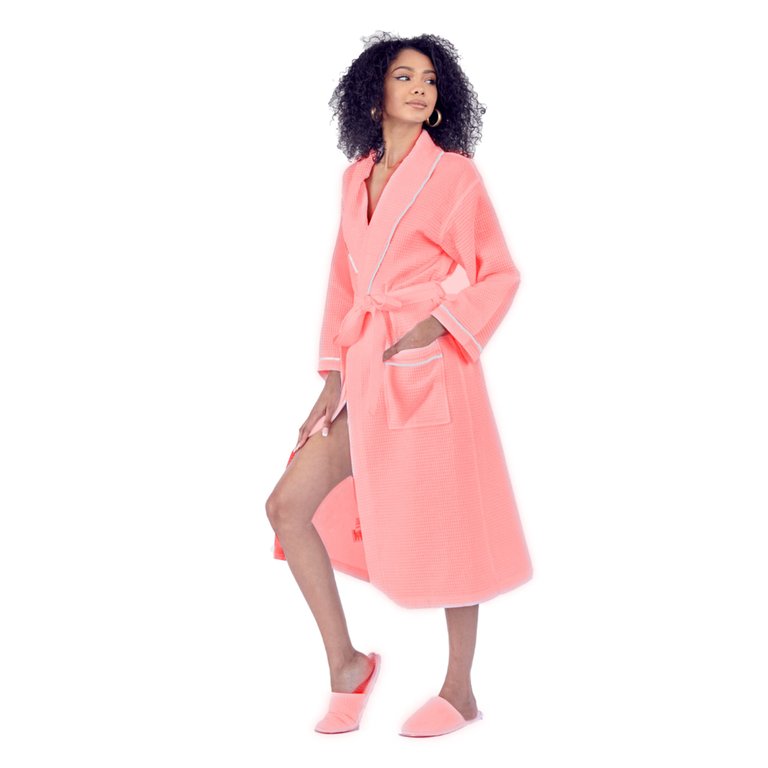 Lightweight Cotton Waffle Robe for Women - Blush Piping