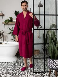 Waffle Kimono Spa Bathrobe for Men -  Absorbent, Lightweight Cotton Robe - Wine Red