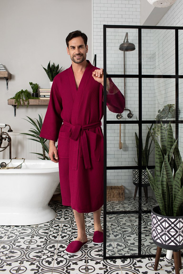 Waffle Kimono Spa Bathrobe for Men -  Absorbent, Lightweight Cotton Robe - Wine Red