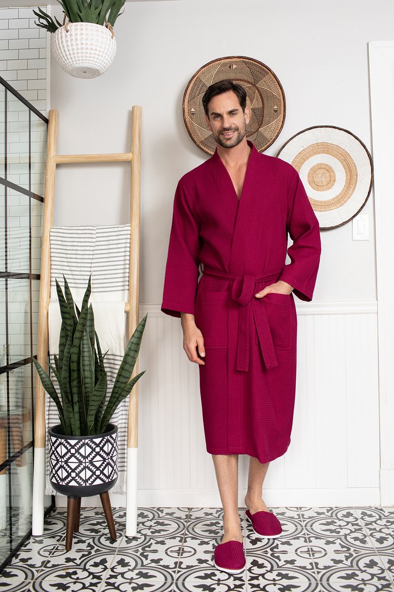 Waffle Kimono Spa Bathrobe for Men -  Absorbent, Lightweight Cotton Robe