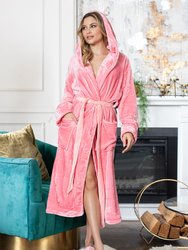 Women Soft Hooded Fleece Robe - Hooded Pink