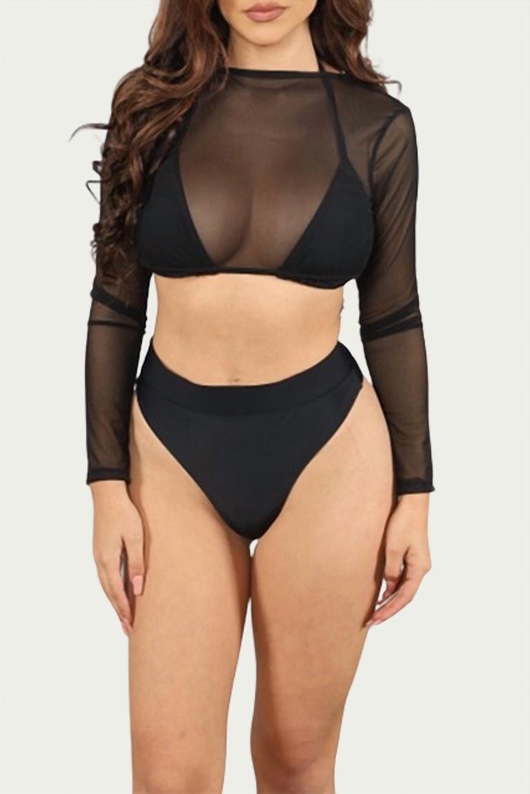 Mesh Three-Piece Bikini Set - Black