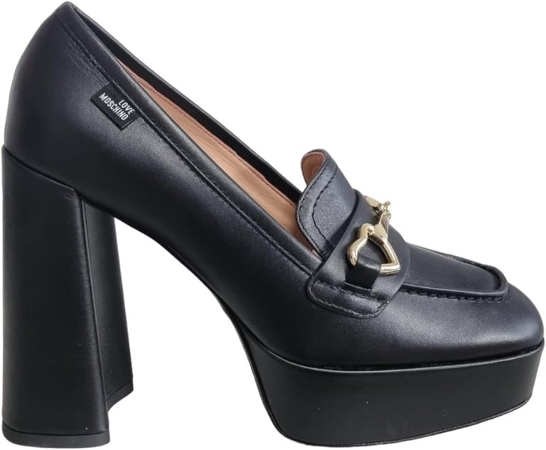 Women's Leather High Heel Loafers - Black