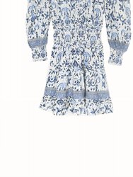 Eleanor Mabelline Print V-Neck Tiered Mini Dress In White/Blue