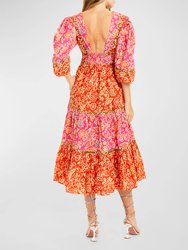 Love The Label Elise Puff Sleeves Midi Dress In Alessandra Pink Print