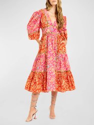 Love The Label Elise Puff Sleeves Midi Dress In Alessandra Pink Print - Alessandra Pink Print