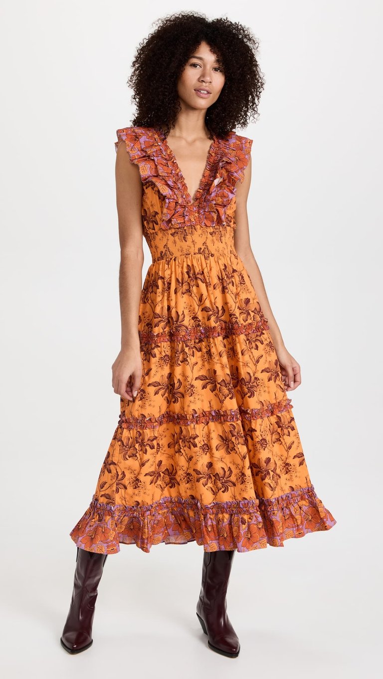Love The Label Women Azalea Ruffled Midi Dress Beryl Mango Print - Multicolor