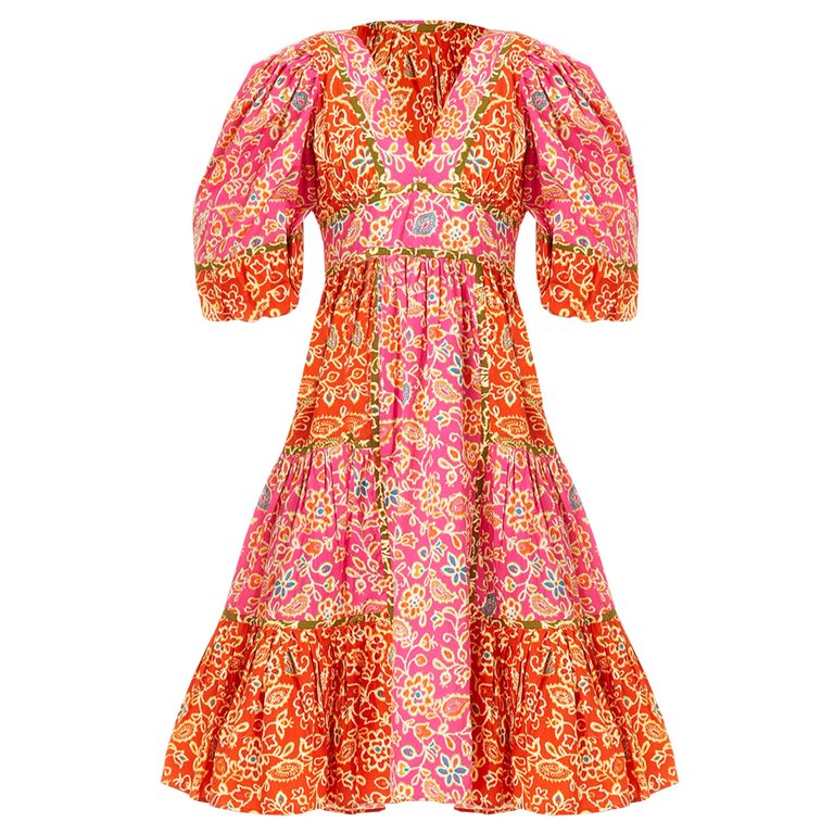 Love The Label Women Elise Puff Sleeve Flared Dress Alessandra Pink Print - Multicolor