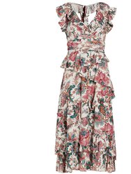 Love The Label Women Salome Lillie White Print Flutter Sleeves Lurex Midi Dress - Multicolor
