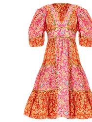 Women Elise Puff Sleeve Flared Dress Alessandra Pink Print - Multicolor