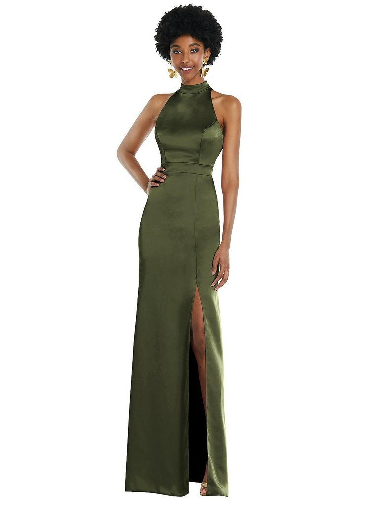 High Neck Backless Maxi Dress With Slim Belt - LB037  - Olive Green