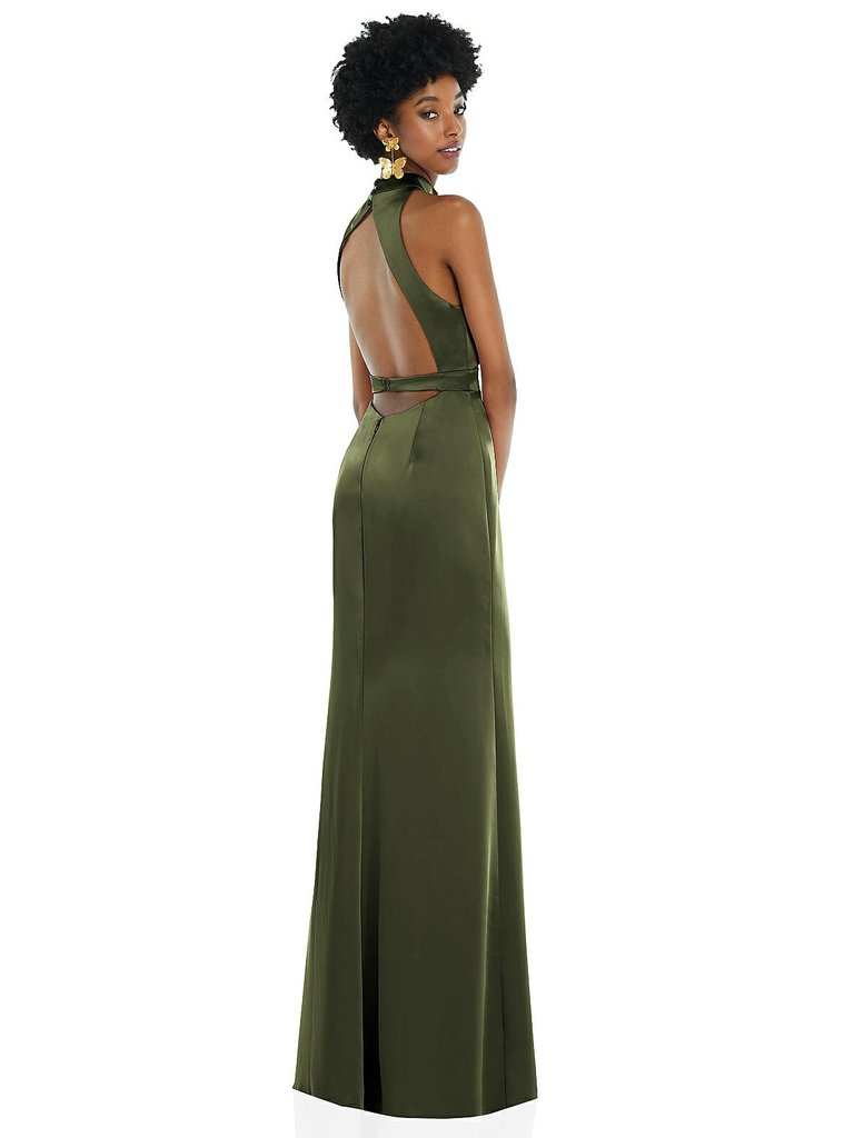 High Neck Backless Maxi Dress With Slim Belt - LB037 