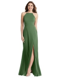 High Neck Chiffon Maxi Dress With Front Slit - Lela - LB010  - Vineyard Green