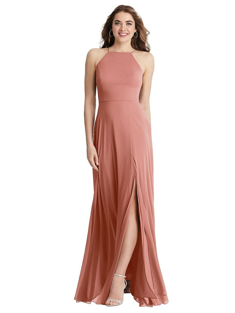 High Neck Chiffon Maxi Dress With Front Slit - Lela - LB010  - Desert Rose