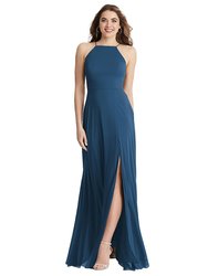 High Neck Chiffon Maxi Dress With Front Slit - Lela - LB010  - Dusk Blue