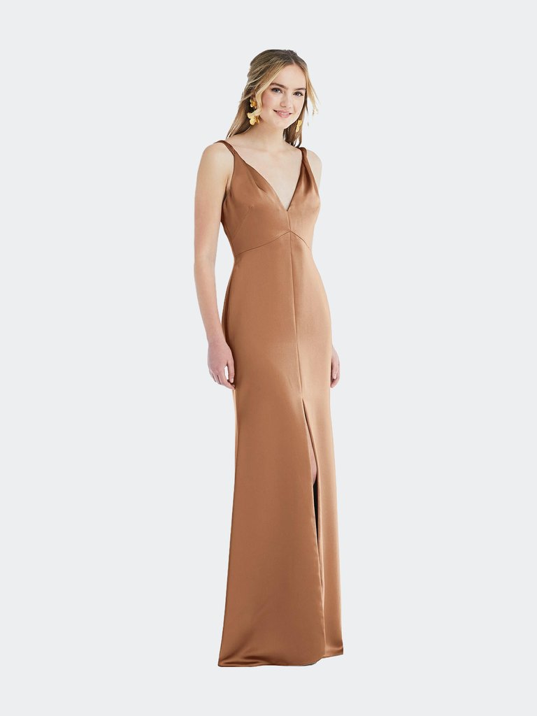 Twist Strap Maxi Slip Dress With Front Slit - Neve - Toffee