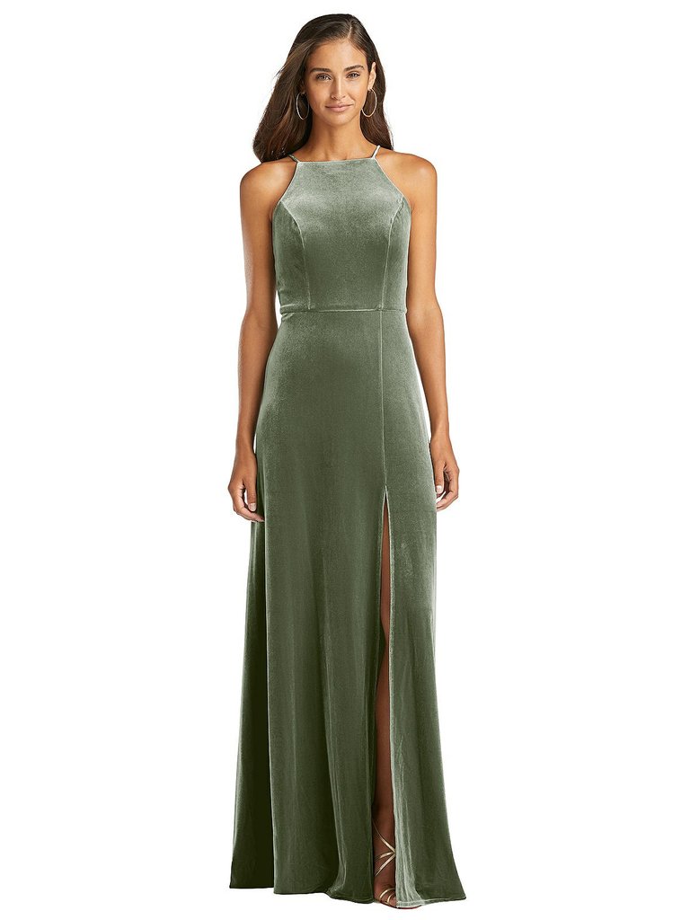 Velvet Halter Maxi Dress with Front Slit - Harper - LB021  - Sage