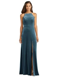 Velvet Halter Maxi Dress with Front Slit - Harper - LB021  - Dutch Blue