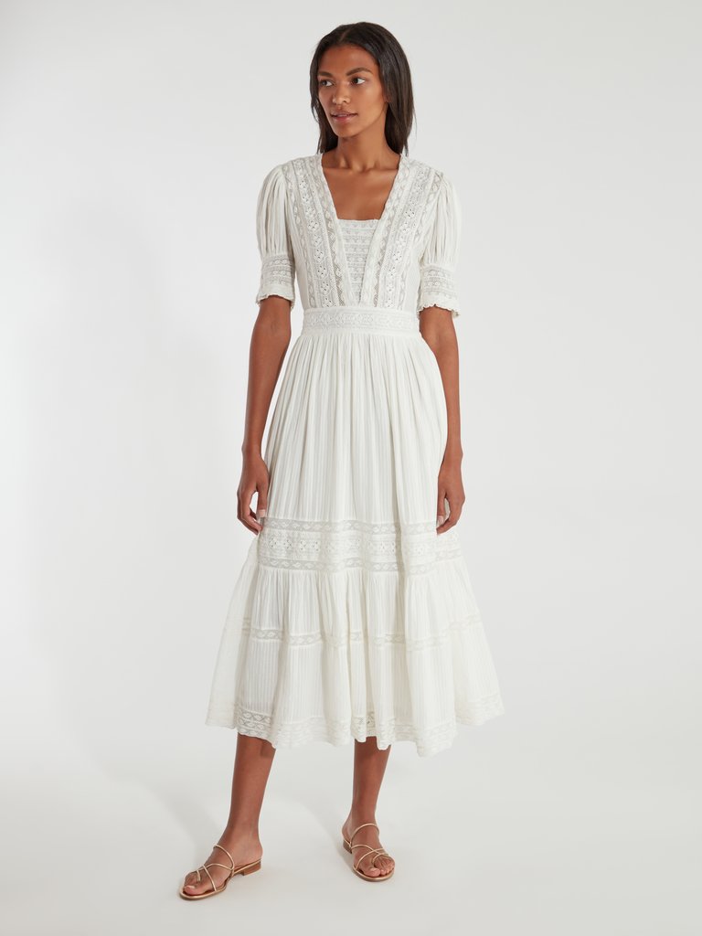 Ayla Lace Trim Cotton Dress - Antique White