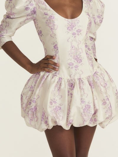 LOVESHACKFANCY Women Nelisia White Purple Floral Print Bubble Hem Mini Dress product