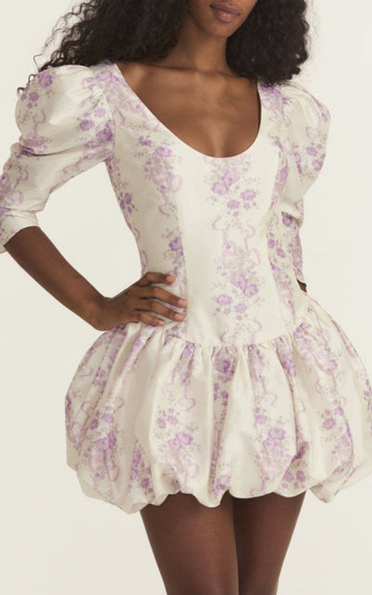 Women Nelisia White Purple Floral Print Bubble Hem Mini Dress - Multicolor
