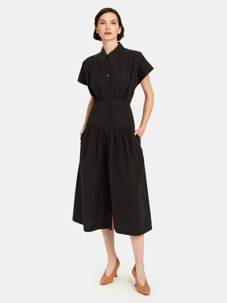 Waist Shirring Midi Dress - Black