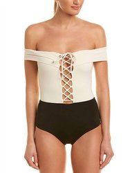 Anja Off The Shoulder Lace Up Tie One-Piece Swimsuit - Cream/Black