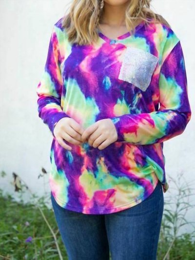 Lucky & Blessed Tie Dye V Neck Sequin Pocket Bright Colors Top product